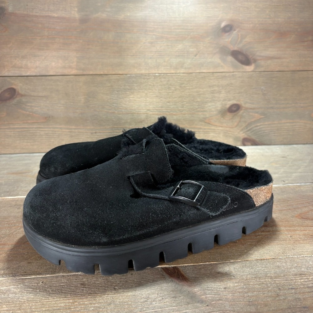 Papillio Birkenstock Boston Womens size 7 shoes Black Shearling Platform Clogs